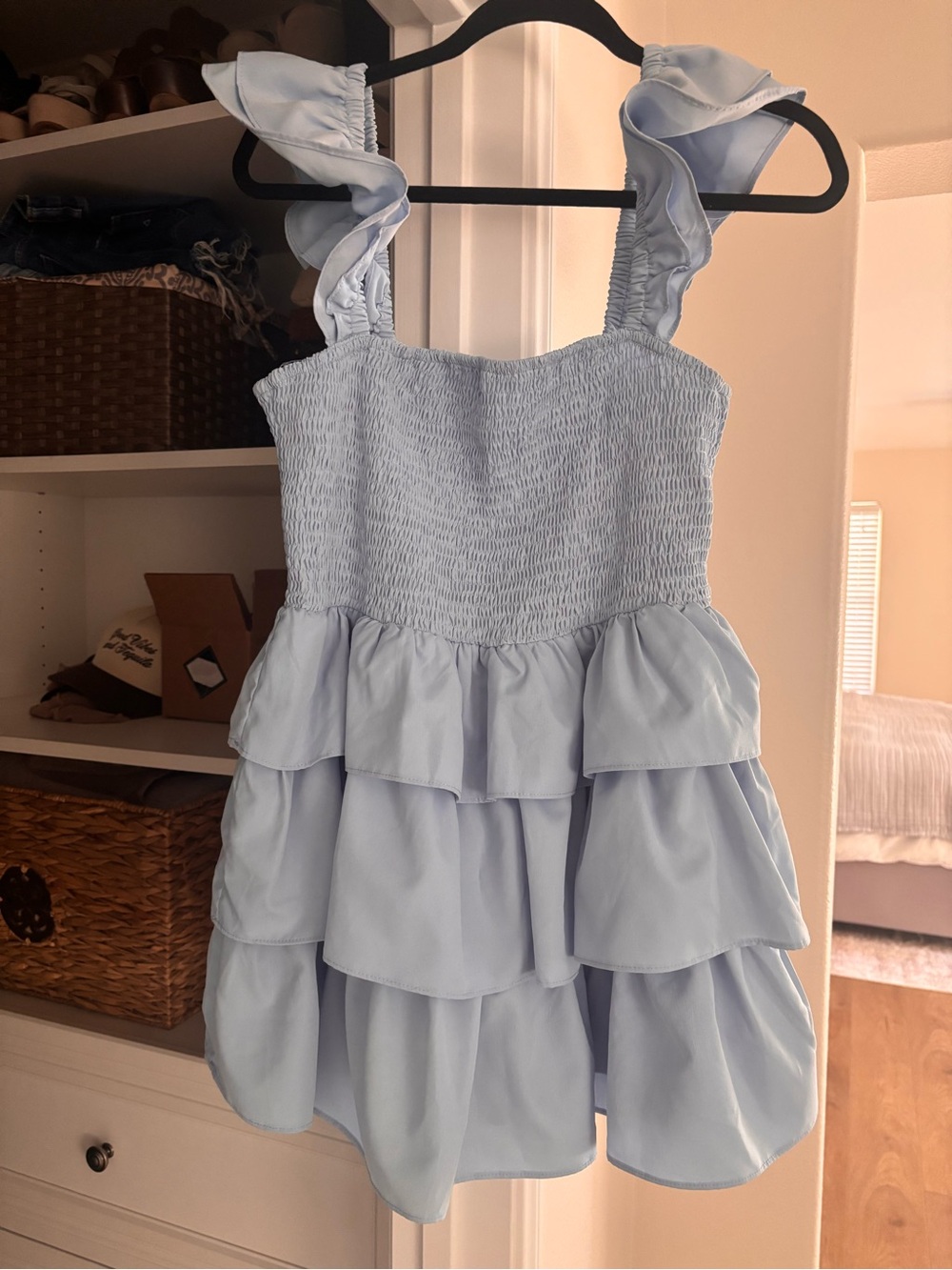 Light Blue Ruffle Tiered Romper dress with Smocked Bodice